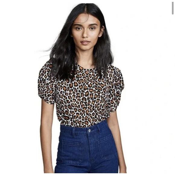 ALC Katie Leopard Cheetah Print Puff-Sleeve T-Shirt Career Office XS ab13 - Picture 1 of 10